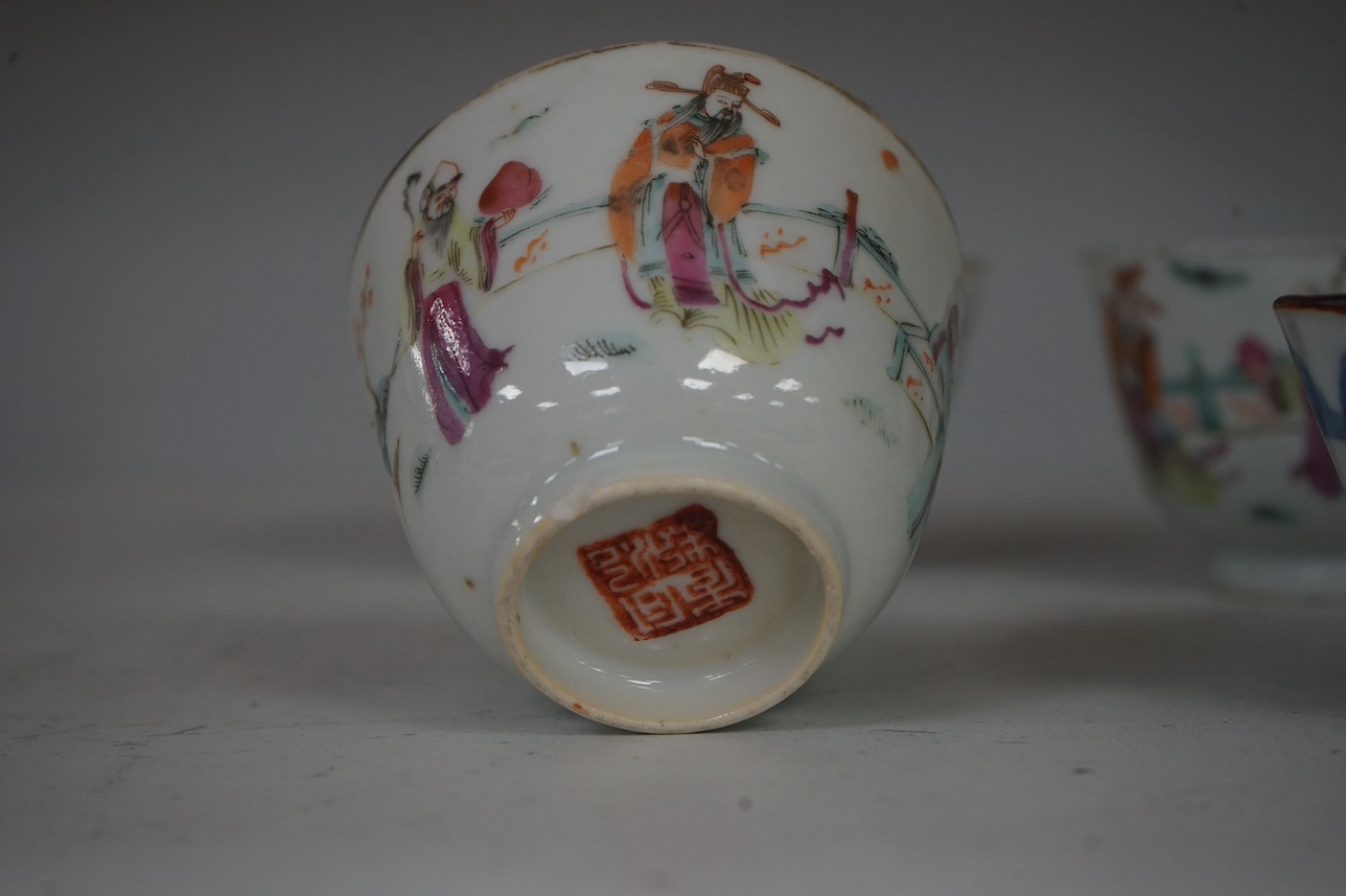 An 18th century Chinese Imari teapot and cover, a similar teabowl, four early 20th century Chinese porcelain cups and a bowl, tallest 12cm. Condition - varies